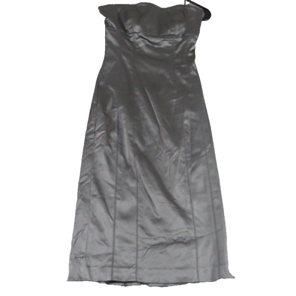 VTG Bebe Dress Women's Small S Gray Satin Strapless Midi Sheath Bodycon Made USA